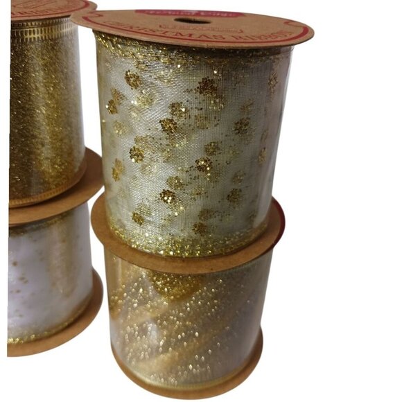 Meedee 2.5" Wired Edge Glitter Christmas Ribbon Set 6 Rolls Gold & White 36 Yard - Picture 7 of 10